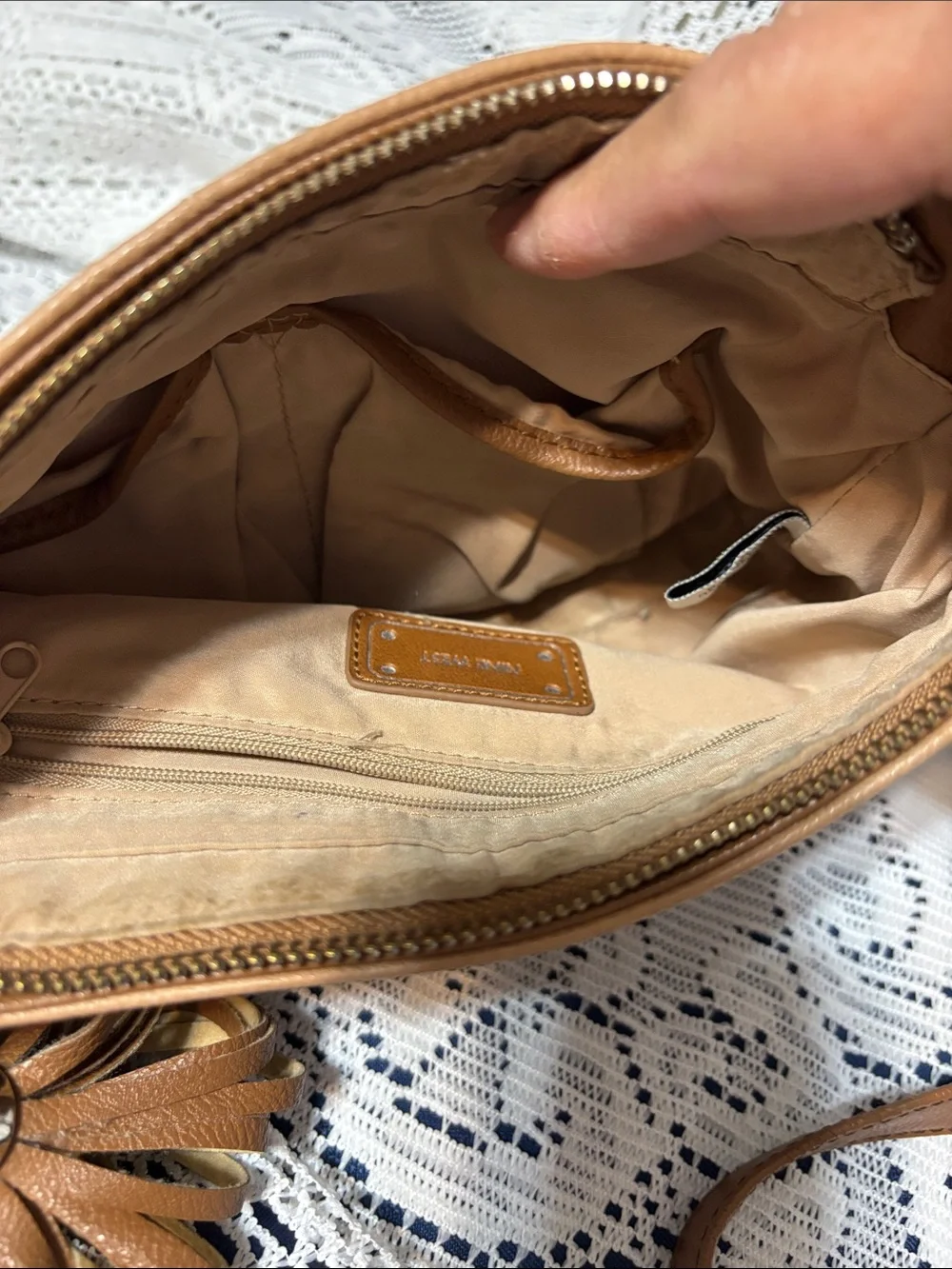 Nine West Tan Faux Leather Tassel Shoulder Bag with Chain Accent